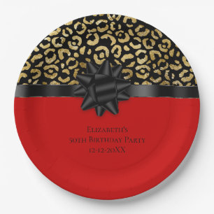 Personalisieren Sie Red Black Gold Leopard Print G Pappteller