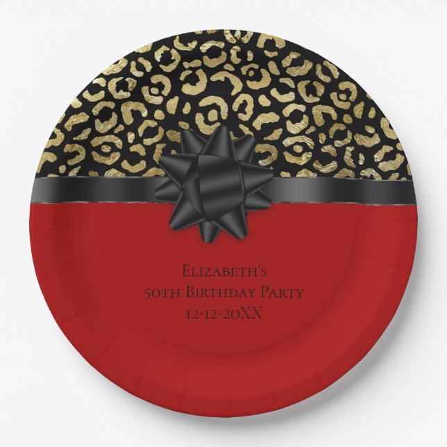 Personalisieren Sie Red Black Gold Leopard Print G Pappteller (Vorderseite)