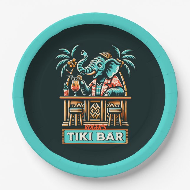 Personalisieren Sie Retro Elephant Tiki Bar Pappteller (Vorderseite)