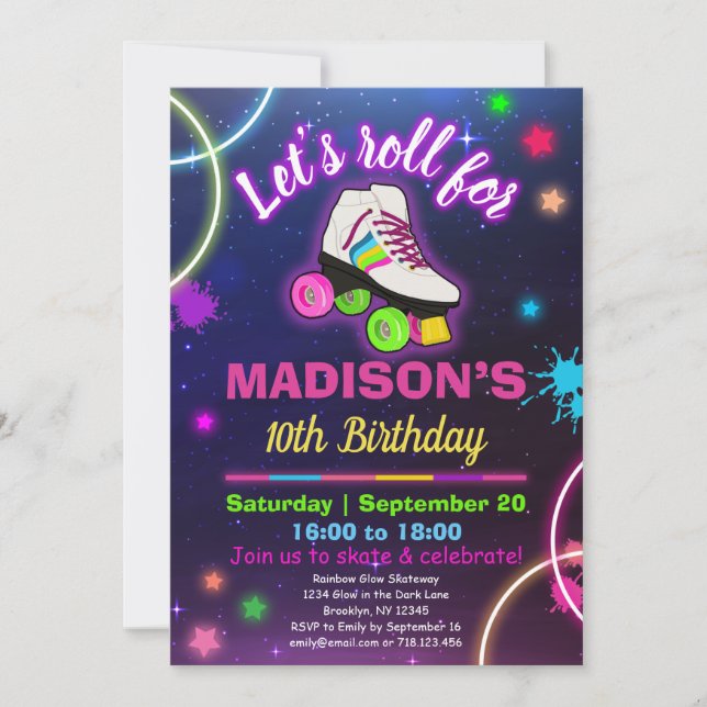 Personalisieren Sie Roller Skaten Neon Birthday UA Einladung (Vorderseite)