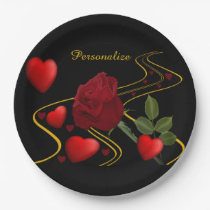 Personalisieren Sie romantische Rote Herzen Rose G Pappteller