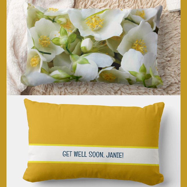 Personalisieren Sie sich bald gut Coworker Jasmine Lendenkissen (Elegant, modern personalized name Get Well Soon floral pillow. Jasmine flowers photo. Burnt yellow)