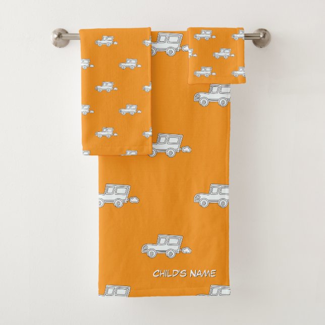 Personalisieren Sie sich mit Kindername Funny Car  Badhandtuch Set (Insitu)