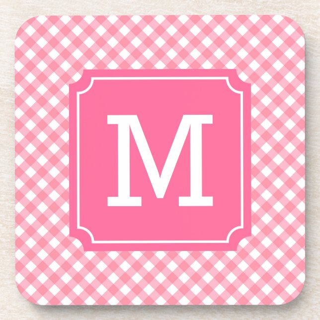 Personalisieren Sie stilvolle Baby Pink Gingham Mo Getränkeuntersetzer (Vorderseite)