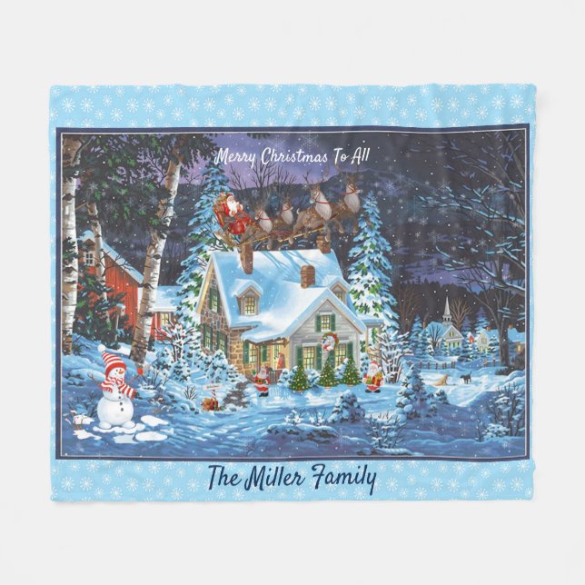 Personalisieren Sie Weihnachten Winter Szene Santa Fleecedecke (Vorderseite (Horizontal))
