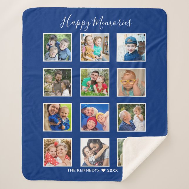 Personalisiert 12 Fotocollage Familienname Blau Sherpadecke (Vorderseite)