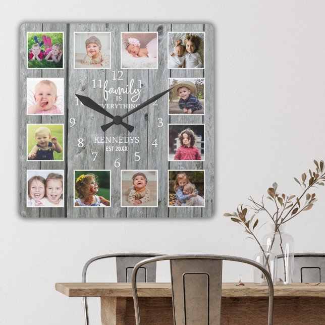 Personalisiert 12 Fotocollage Familienname Holz Quadratische Wanduhr (Von Creator hochgeladen)