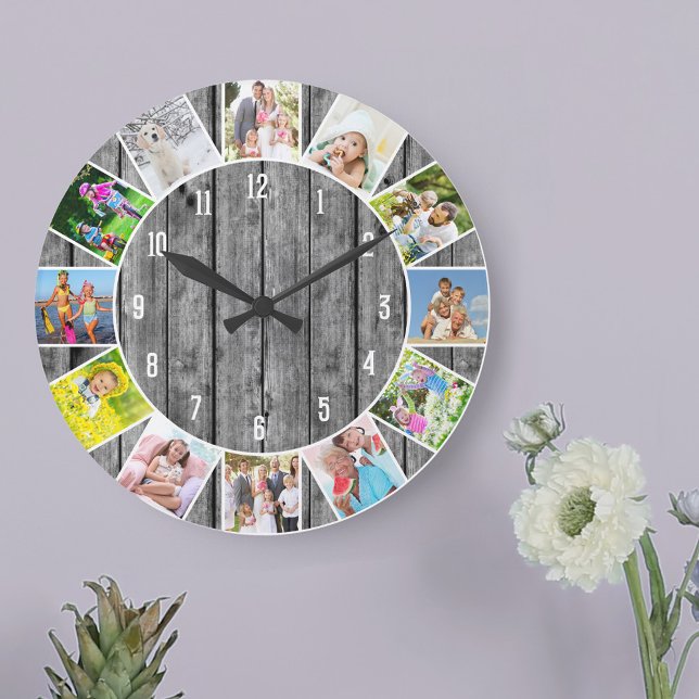 Personalisiert 12 Fotomaterial Grau-Holz-Runde Große Wanduhr (Photo clock with 12 photos, one at each hour. Great design for your home or a thoughtful photo gift.)