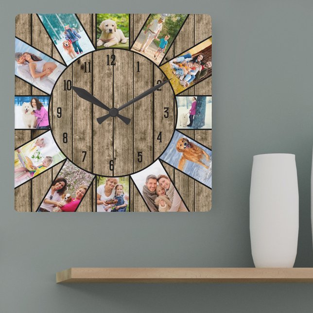Personalisiert 12 Fotomaterial Rustikales Naturhol Quadratische Wanduhr (Photo clock with 12 photos, one at each hour. Great design for your home or a thoughtful photo gift.)