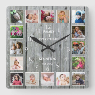 Personalisiert 16 Foto Collage Zitat Grau Holz Quadratische Wanduhr