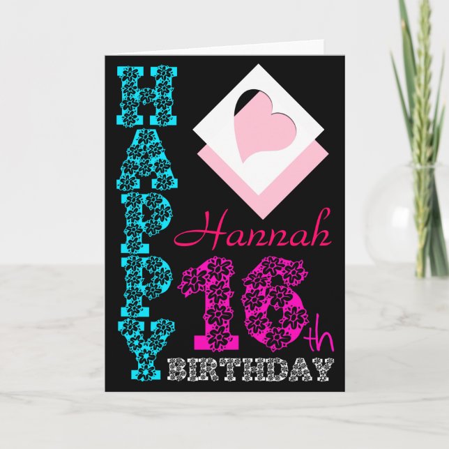 Personalisiert 16. Geburtstag Girly Black Greeting Karte (Vorderseite)