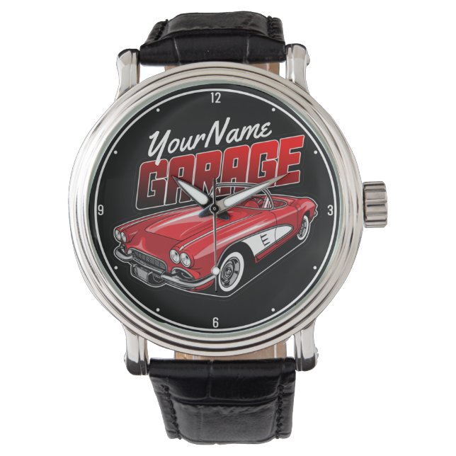 Personalisiert 1961 Red Classic Sports Car Garage Armbanduhr (Vorderseite)
