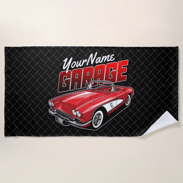 Personalisiert 1961 Red Classic Sports Car Garage Strandtuch (Vorderseite)