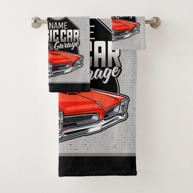 Personalisiert 1966 Red Goat Classic Car Garage Badhandtuch Set (Insitu)
