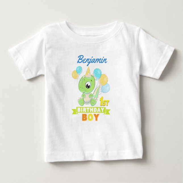 Personalisiert 1. Geburtstag Grüner Dinosaurier Baby T-shirt (Vorderseite)