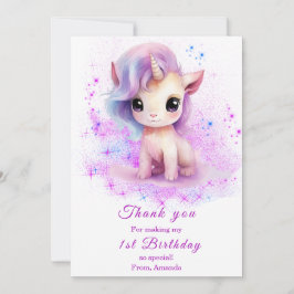 Personalisiert 1. Geburtstag Rosa und Lila Einhorn Dankeskarte