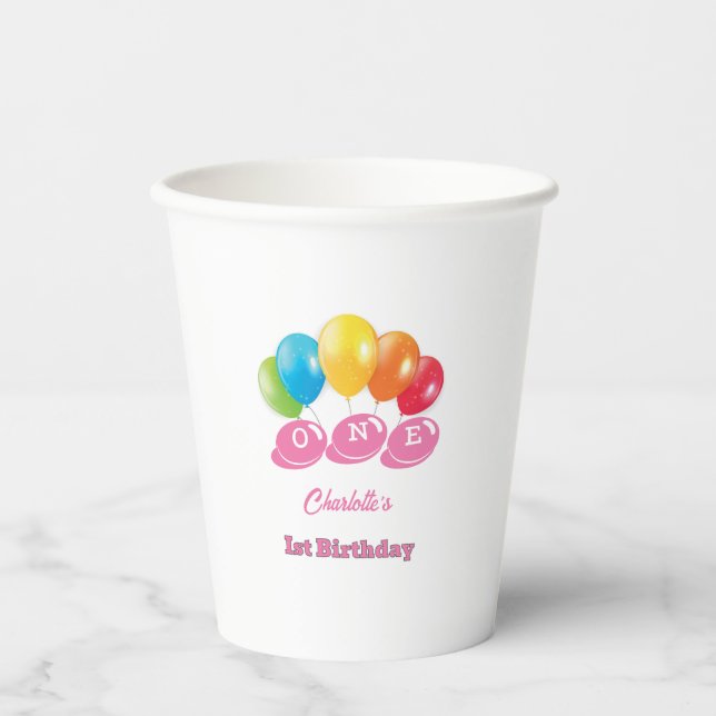 Personalisiert 1. Geburtstag Soft Pink Girl's Name Pappbecher (Vorderseite)
