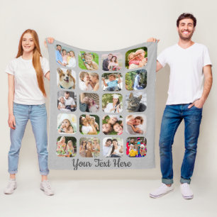 Personalisiert 20 Foto Collage Script Grau Linen Fleecedecke