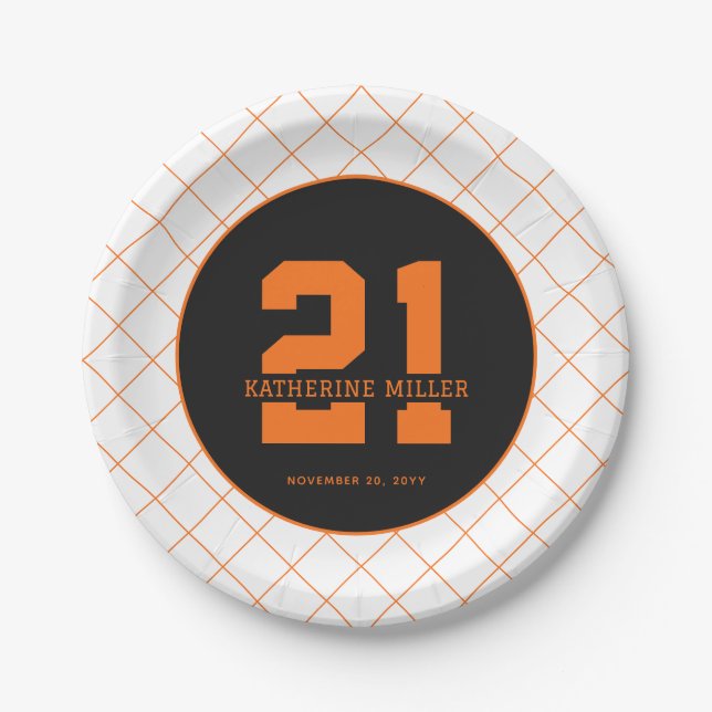 Personalisiert 21. Geburtstag Modernes Orange Pappteller (Vorderseite)