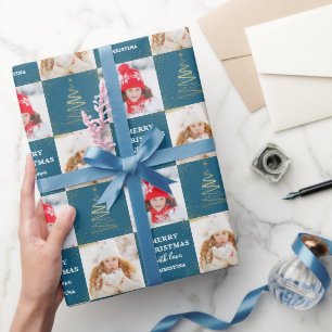 Personalisiert 2 Foto Blue Gold Weihnachtsfeiertag Geschenkpapier