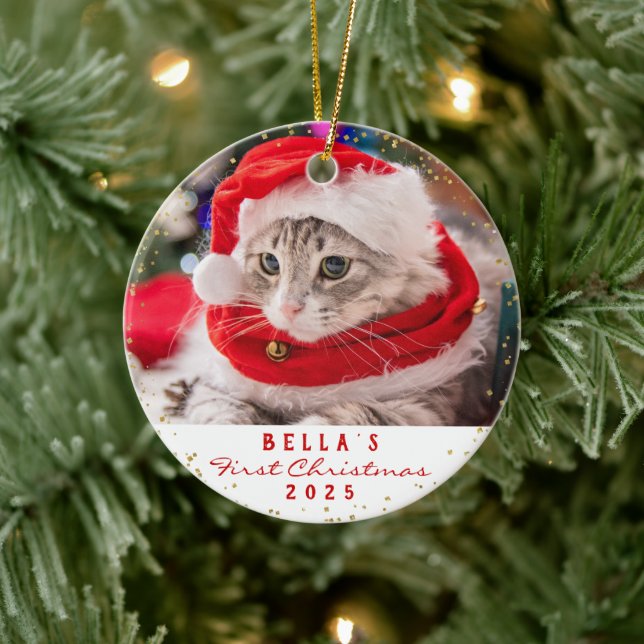 Personalisiert 2 Foto Hauskatze Meowy Weihnachten  Keramik Ornament (Baum)