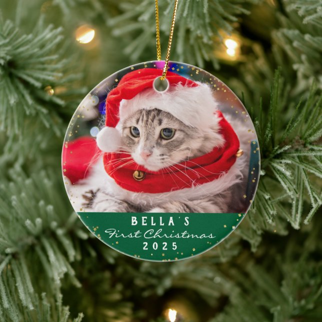 Personalisiert 2 Foto Hauskatze Meowy Weihnachtsgr Keramik Ornament (Baum)