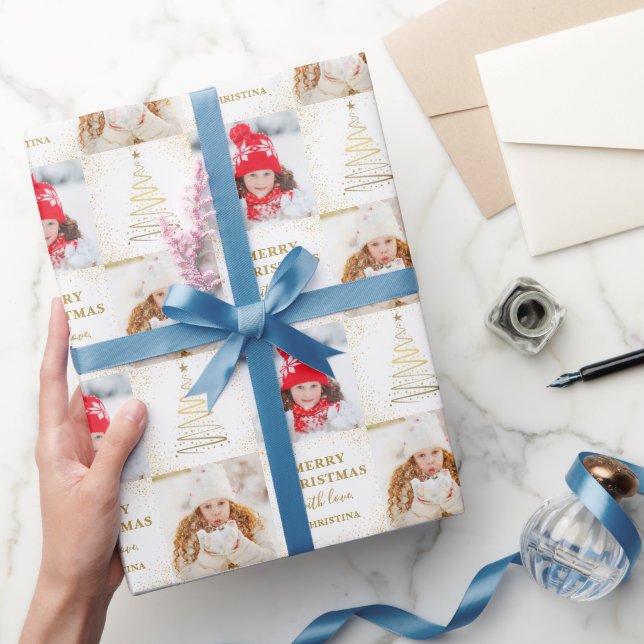 Personalisiert 2 Foto Weißer Goldener Weihnachtsur Geschenkpapier (Schenken)