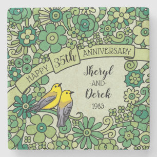 Personalisiert 35 Jahre alt, Jade Floral Birds Steinuntersetzer