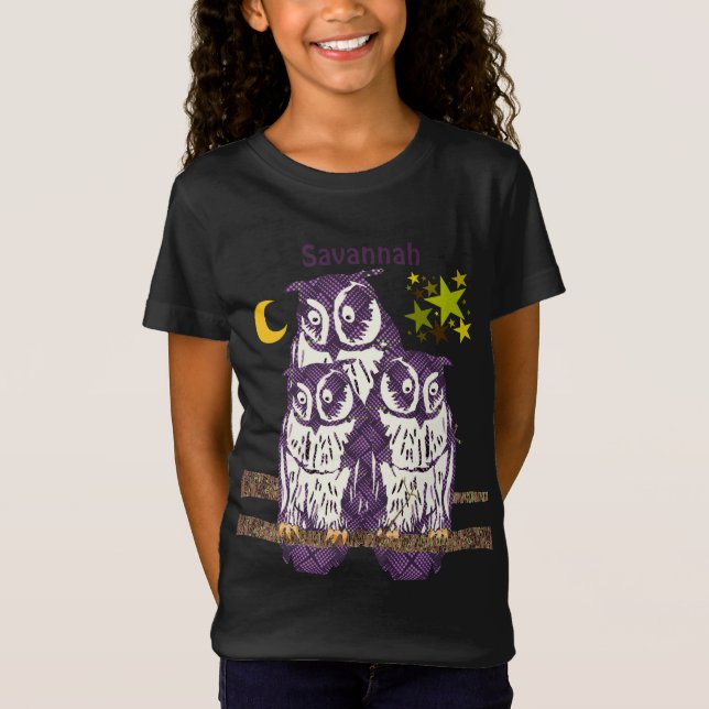 Personalisiert 3 Lila Owls Mond und Sterne T-Shirt (Vorderseite)