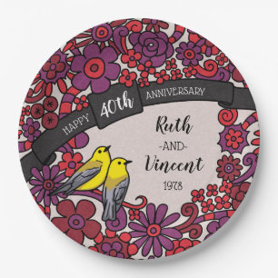 Personalisiert 40 Jahre alt, Ruby Floral Birds Pappteller
