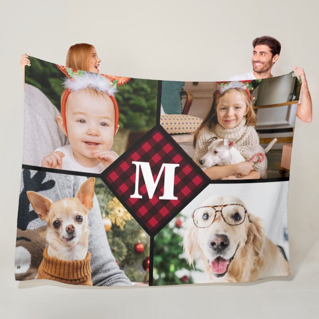Personalisiert 4 Collage Red Kariert Monogram Fleecedecke (Beispiel)