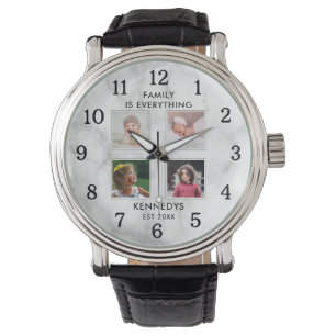 Personalisiert 4 Foto Collage Familienname Marmor Armbanduhr