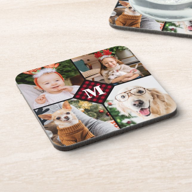 Personalisiert 4 Foto Monogramm Rotes Buffalo Kari Getränkeuntersetzer (Linke Seite)