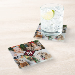 Personalisiert 4 Foto Monogramm Rotes Buffalo Kari Glasuntersetzer