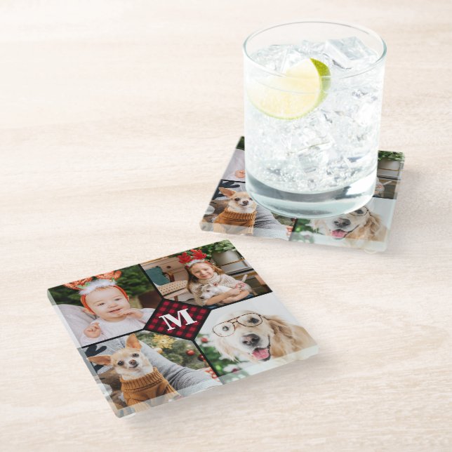 Personalisiert 4 Foto Monogramm Rotes Buffalo Kari Glasuntersetzer (Schrägansicht)