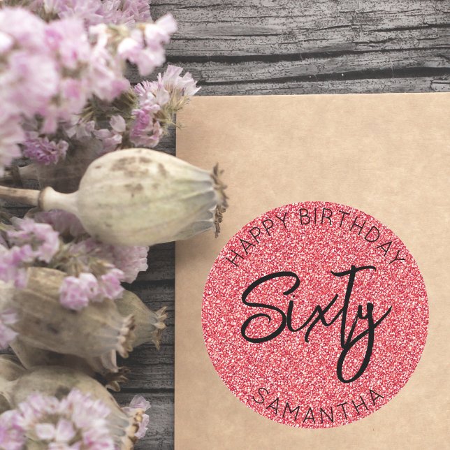 Personalisiert 60. Geburtstag Roter Glitzer 60 Runder Aufkleber (red glitter sixty sticker for sixtieth birthday party)