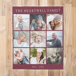 Personalisiert 9 Fotocollage-Familie Burgundy Red Fleecedecke