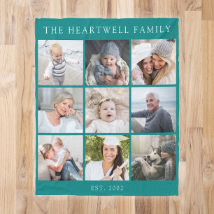 Personalisiert 9 FotoCollage Family Aquamarin Blue Fleecedecke