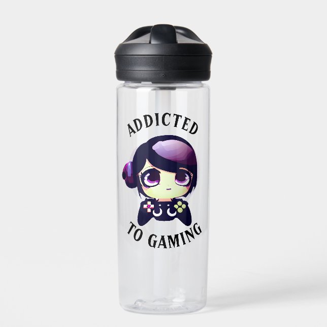Personalisiert Addicted to Gaming Kawaii Girl Game Trinkflasche (Vorderseite)