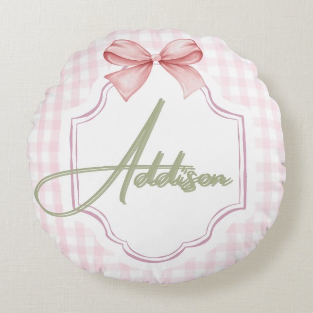 Personalisiert Addison Baby Girl Kinderzimmer Bow& Rundes Kissen (Vorderseite)