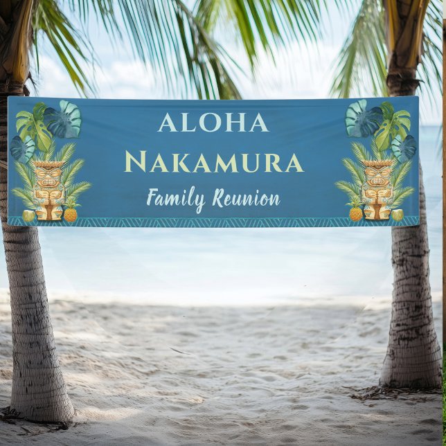 Personalisiert Aloha Welcome Family Wiedersehen Banner (Family Reunion Banner - Aloha - Ohana Hawaiian Luau themed. Tiki, tropical leaves your name. )