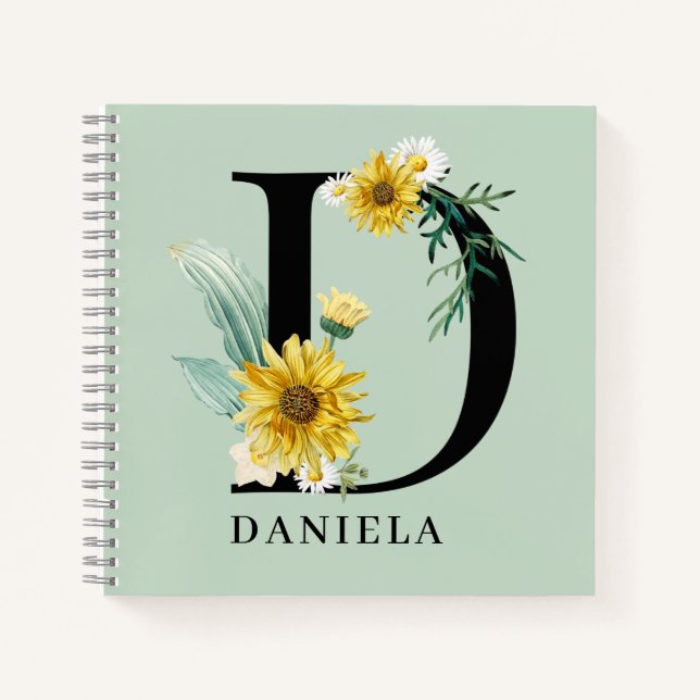 Personalisiert Alphabet D Floral Monogramm Notizbuch (Vorderseite)