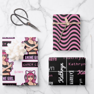 Personalisiert Anime Gamer Girl Geschenkpapier Set