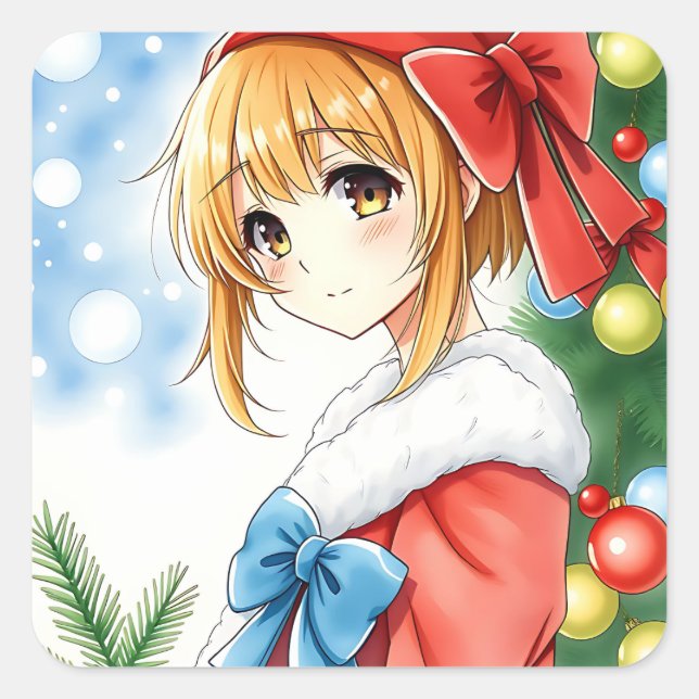 Personalisiert Anime Girl Christmas Quadratischer Aufkleber (Vorderseite)