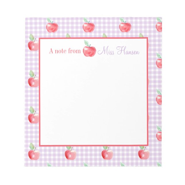 Personalisiert Apple Lavender Gingham Teacher Notizblock (Vorderseite)
