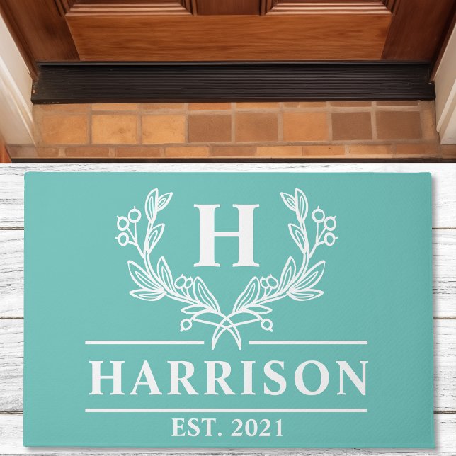 Personalisiert Aquamarine Laurel Monogram Fußmatte (Von Creator hochgeladen)