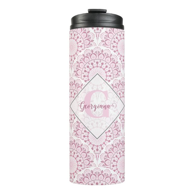 Personalisiert Art Deco Pink Confetti Lace Mandala Thermosbecher (Vorderseite)