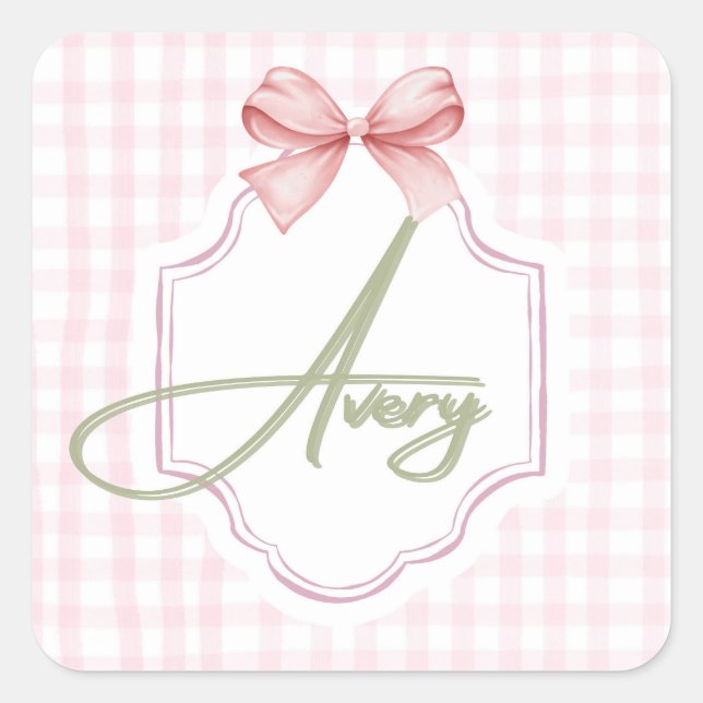 Personalisiert Avery Baby Girl Kinderzimmer Bow&Gi Quadratischer Aufkleber (Vorderseite)