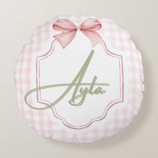 Personalisiert Ayla Baby Girl Kinderzimmer Bow&Gin Rundes Kissen (Vorderseite)
