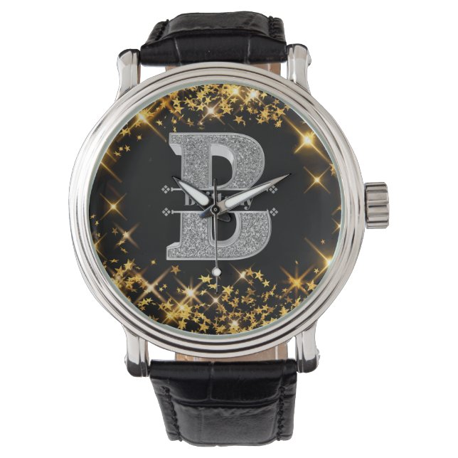 Personalisiert B Erste Silver Monogramm Ihr Name Armbanduhr (Vorderseite)